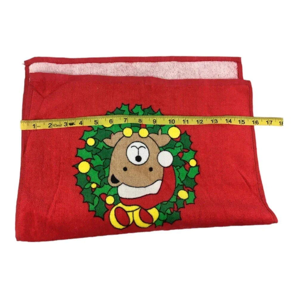 Vintage 80s Christmas Hilasal Santa Bear Wreath 100% Cotton Hand Towel Bathroom